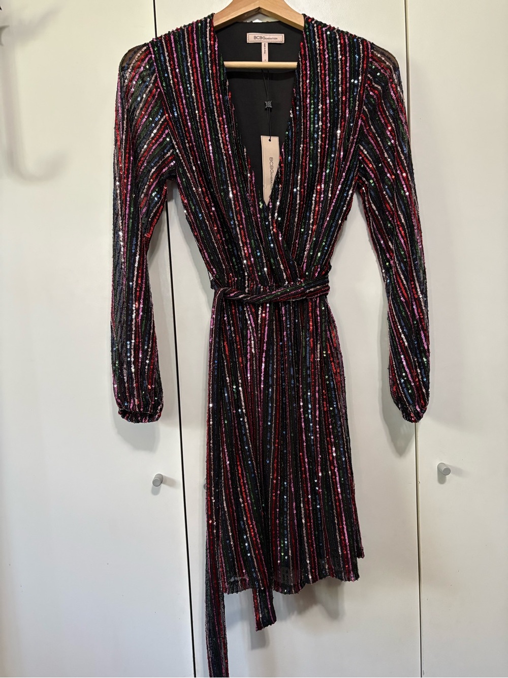 BCBGeneration Black Multicolor Sequin Wrap Dress